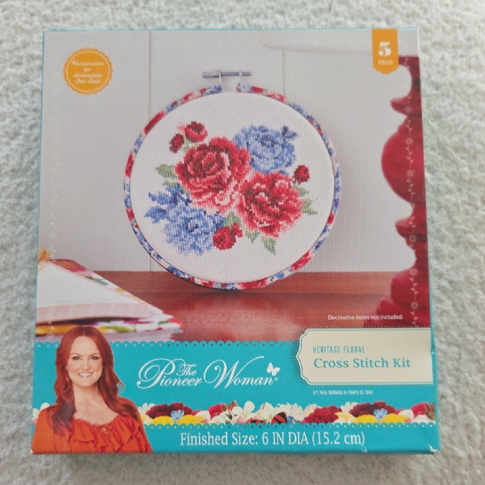The Pioneer Woman Heritage Floral Cross Stitch Kit with Red and Blue Flowers
